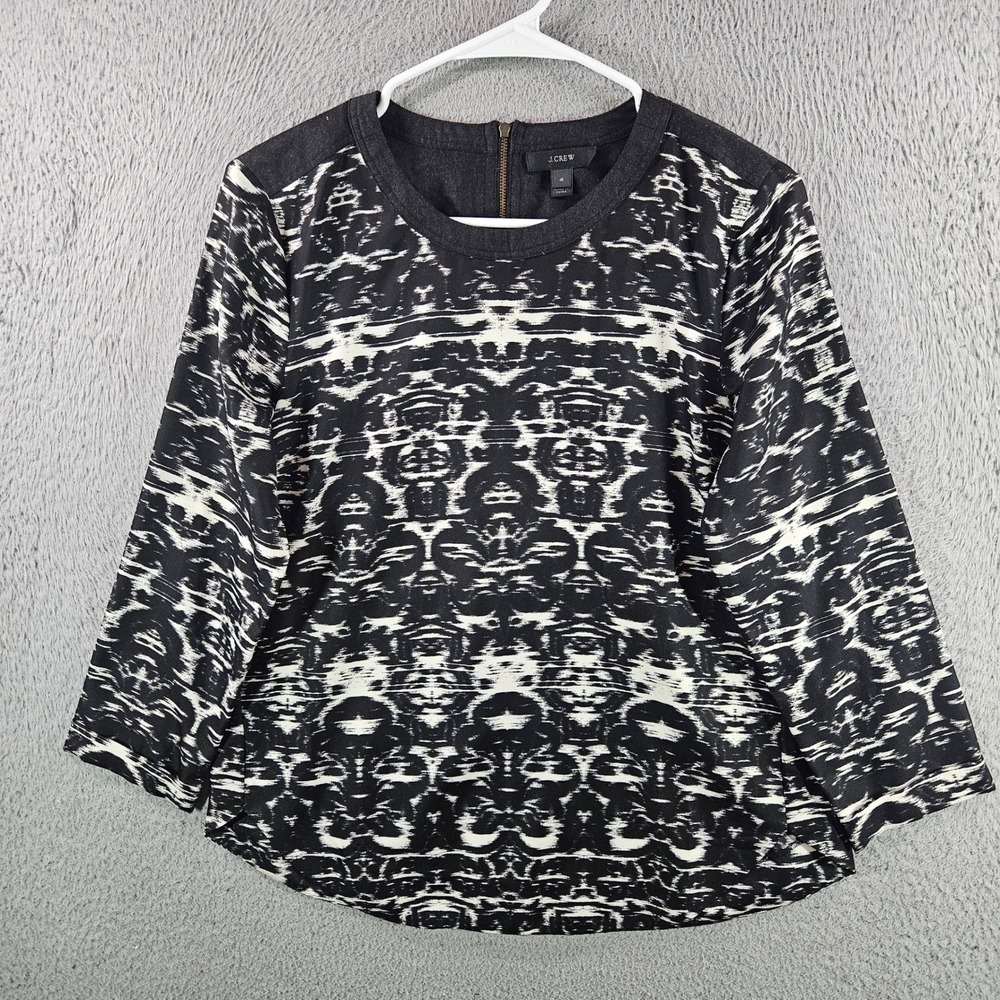 J.Crew Womens Black White Ikat Abstract Print Wool Yoke Back Zip Top Size‎ 4